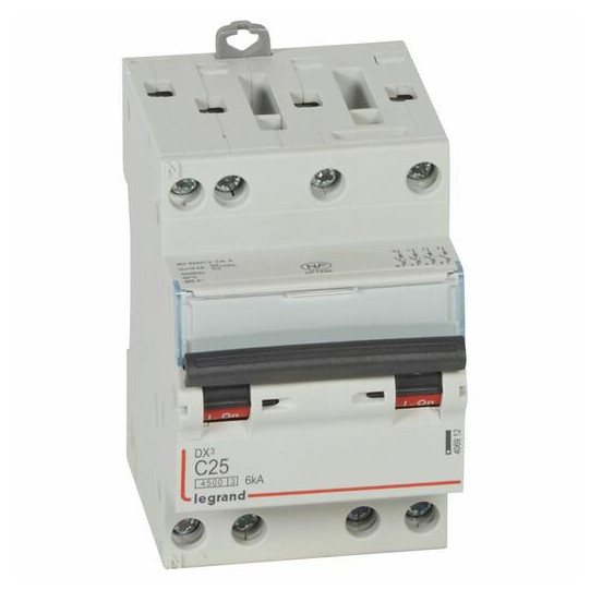 Disjoncteur DX³4500 6kA arrivée haute et sortie basse par borne à vis - tétrapolaire 400V~ 25A courbe C - 3 modules - LEGRAND main product photo