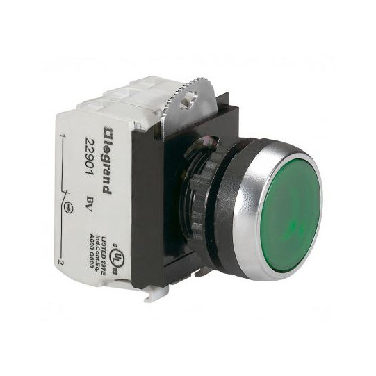Bouton lumineux à impulsion affleurant IP69 Osmoz complet - vert - 12V à 24V alternatif ou continu - LEGRAND main product photo